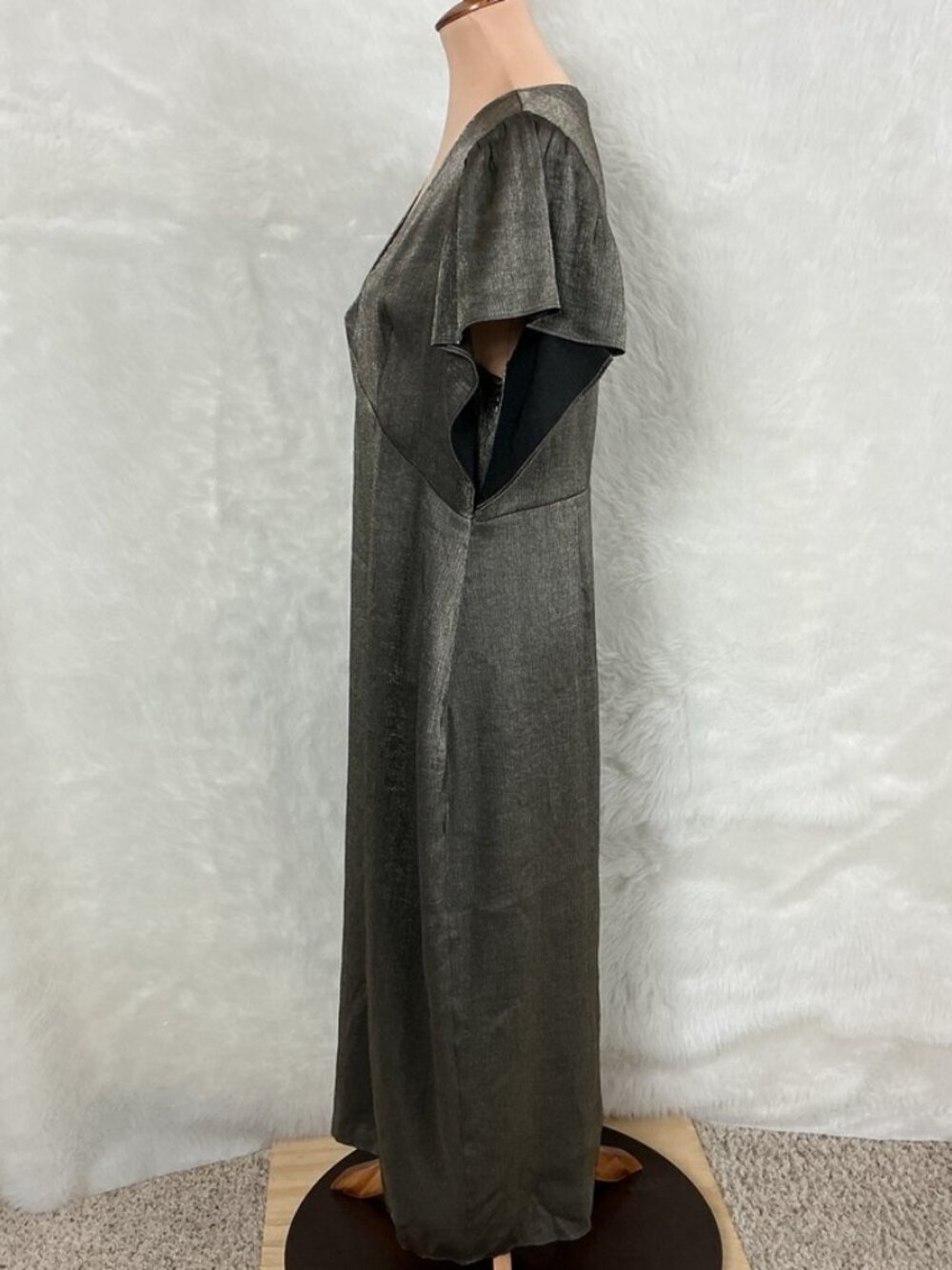 Nation LTD Gray Gold Metallic Satin V-Neck Pamela Flutter Sleeve Midi Dress L - Picture 3 of 7